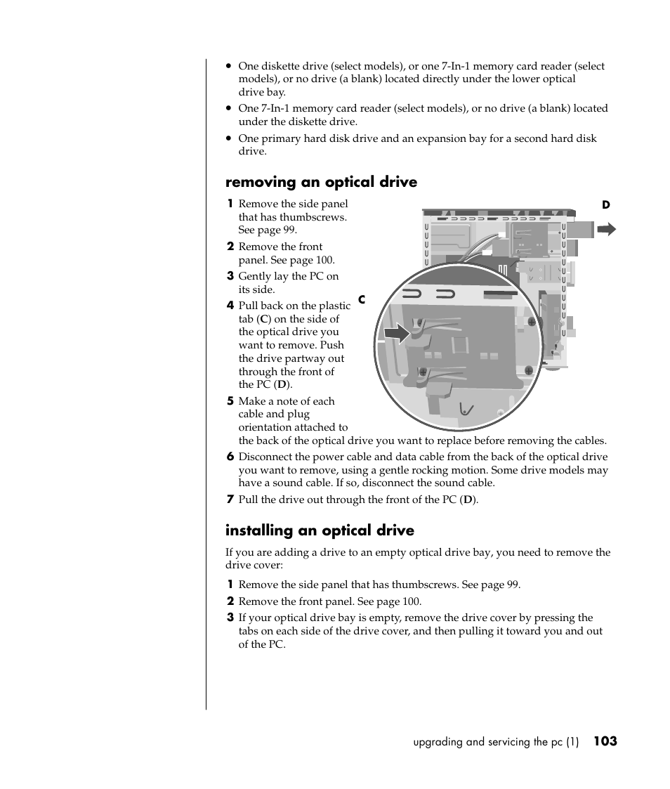 Removing an optical drive, Installing an optical drive | HP Pavilion a387x Desktop PC User Manual | Page 111 / 158