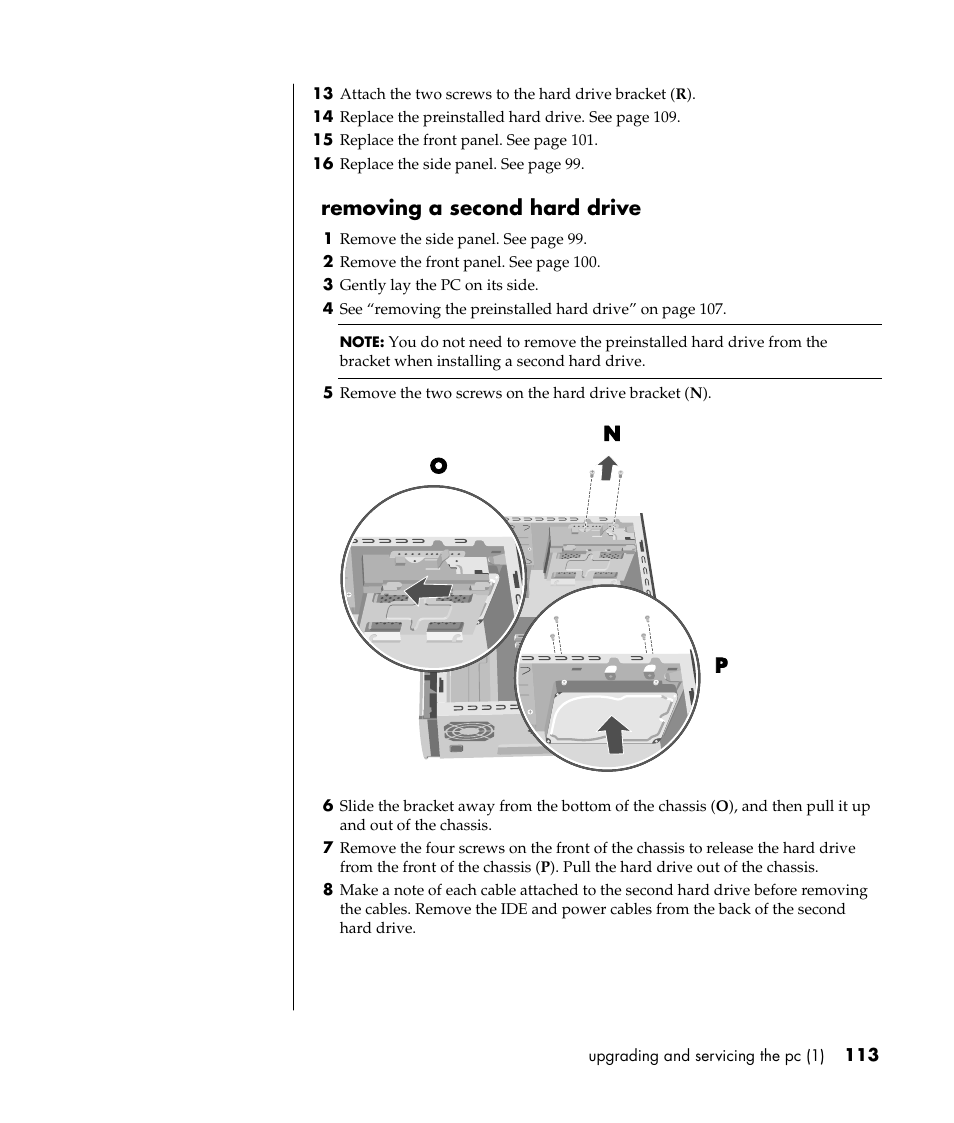 Removing a second hard drive, On p | HP Pavilion a387x Desktop PC User Manual | Page 121 / 158