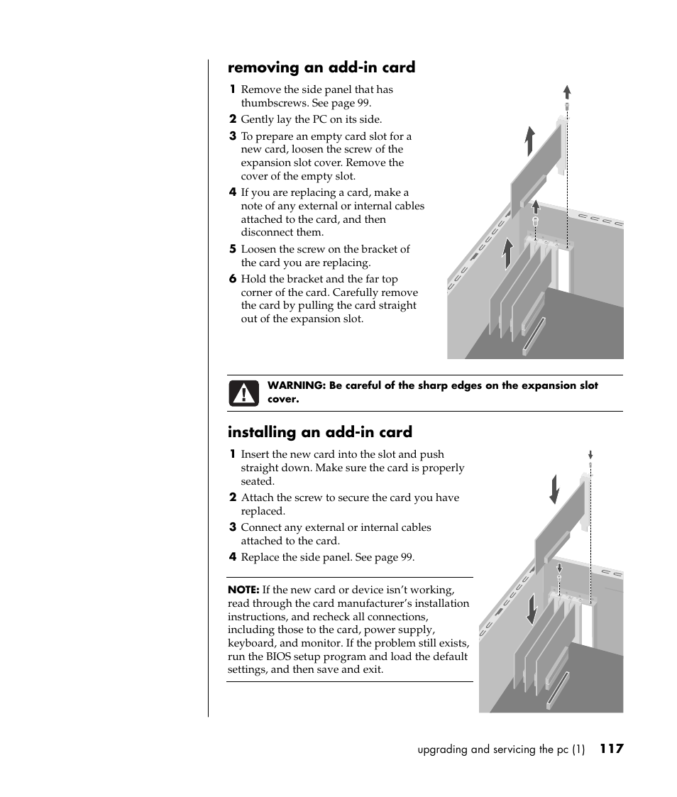 Removing an add-in card, Installing an add-in card | HP Pavilion a387x Desktop PC User Manual | Page 125 / 158