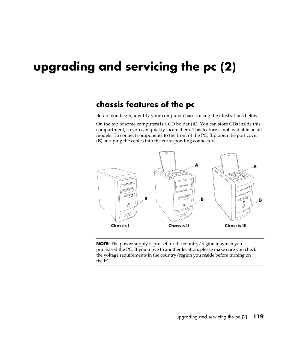 Upgrading and servicing the pc (2), Chassis features of the pc | HP Pavilion a387x Desktop PC User Manual | Page 127 / 158