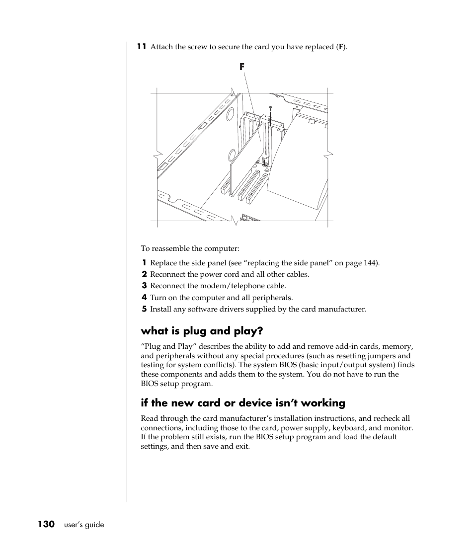 What is plug and play, If the new card or device isn’t working | HP Pavilion a387x Desktop PC User Manual | Page 138 / 158