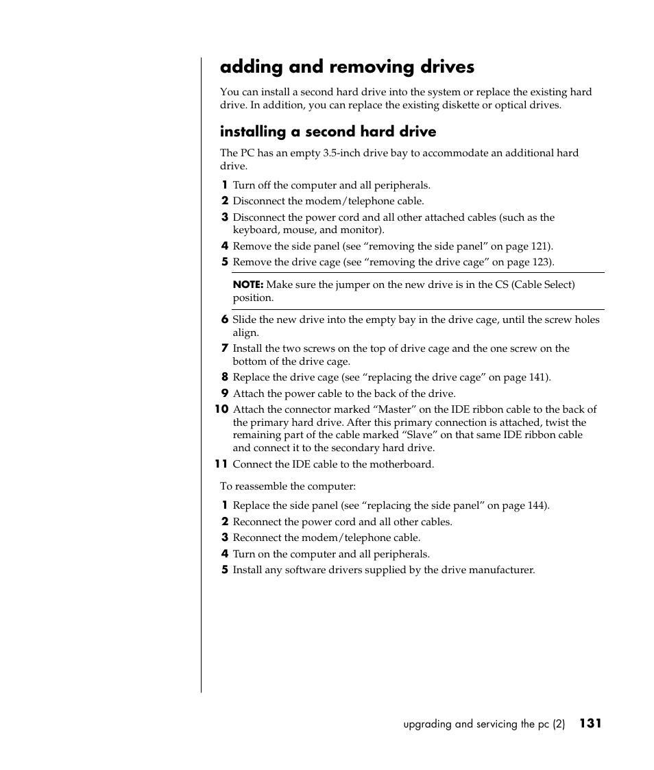 Adding and removing drives, Installing a second hard drive | HP Pavilion a387x Desktop PC User Manual | Page 139 / 158