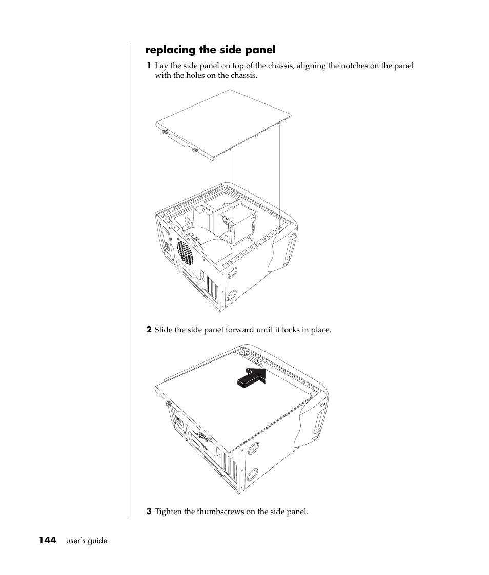 Replacing the side panel | HP Pavilion a387x Desktop PC User Manual | Page 152 / 158