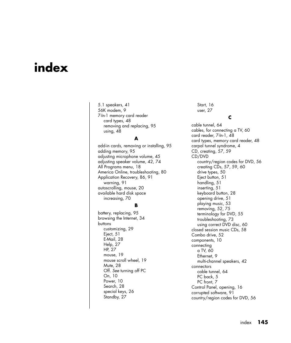 Index | HP Pavilion a387x Desktop PC User Manual | Page 153 / 158