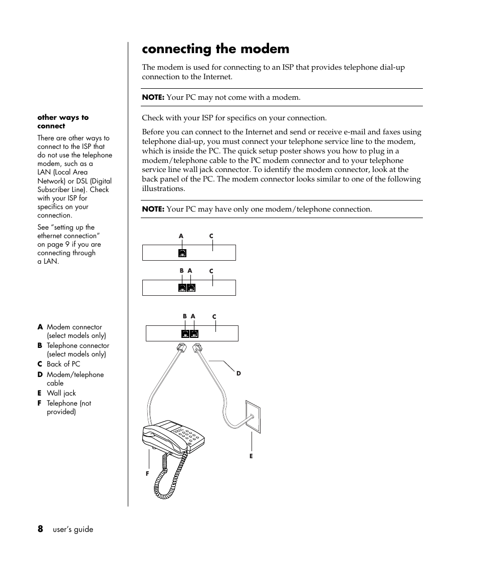 Connecting the modem | HP Pavilion a387x Desktop PC User Manual | Page 16 / 158