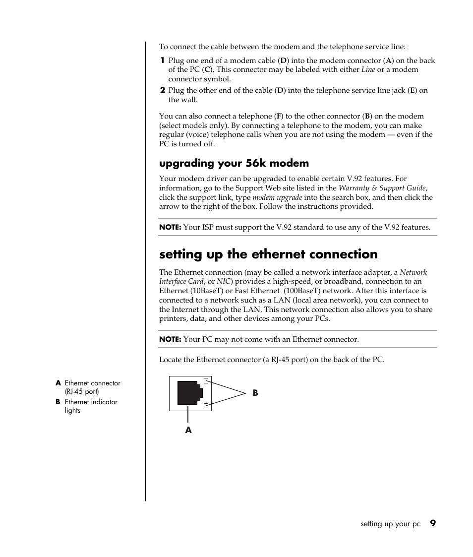 Setting up the ethernet connection, Upgrading your 56k modem | HP Pavilion a387x Desktop PC User Manual | Page 17 / 158