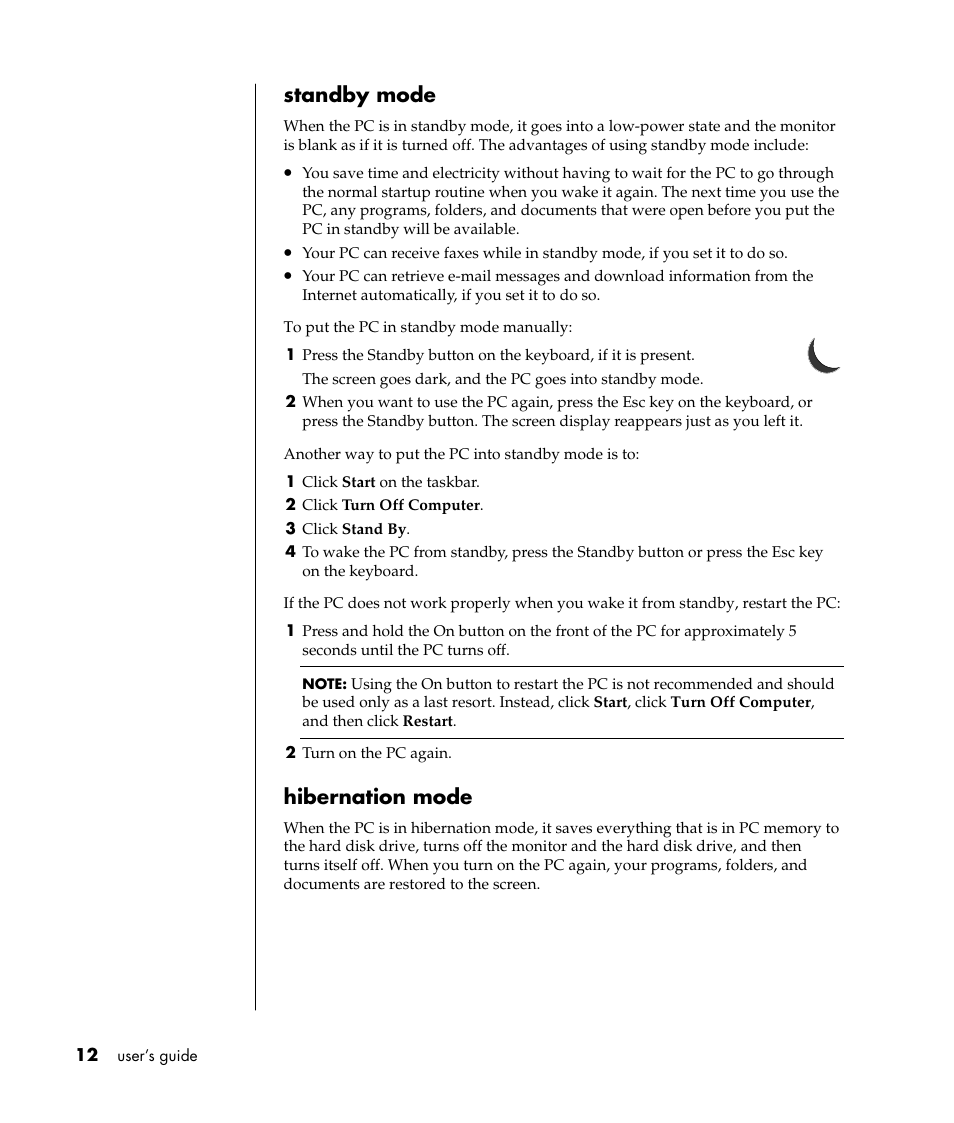 Standby mode, Hibernation mode | HP Pavilion a387x Desktop PC User Manual | Page 20 / 158