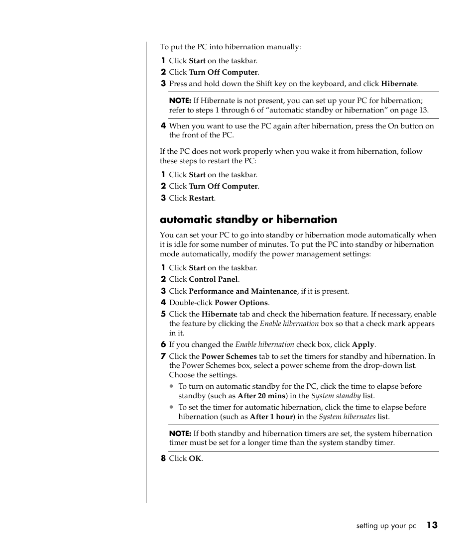 Automatic standby or hibernation | HP Pavilion a387x Desktop PC User Manual | Page 21 / 158