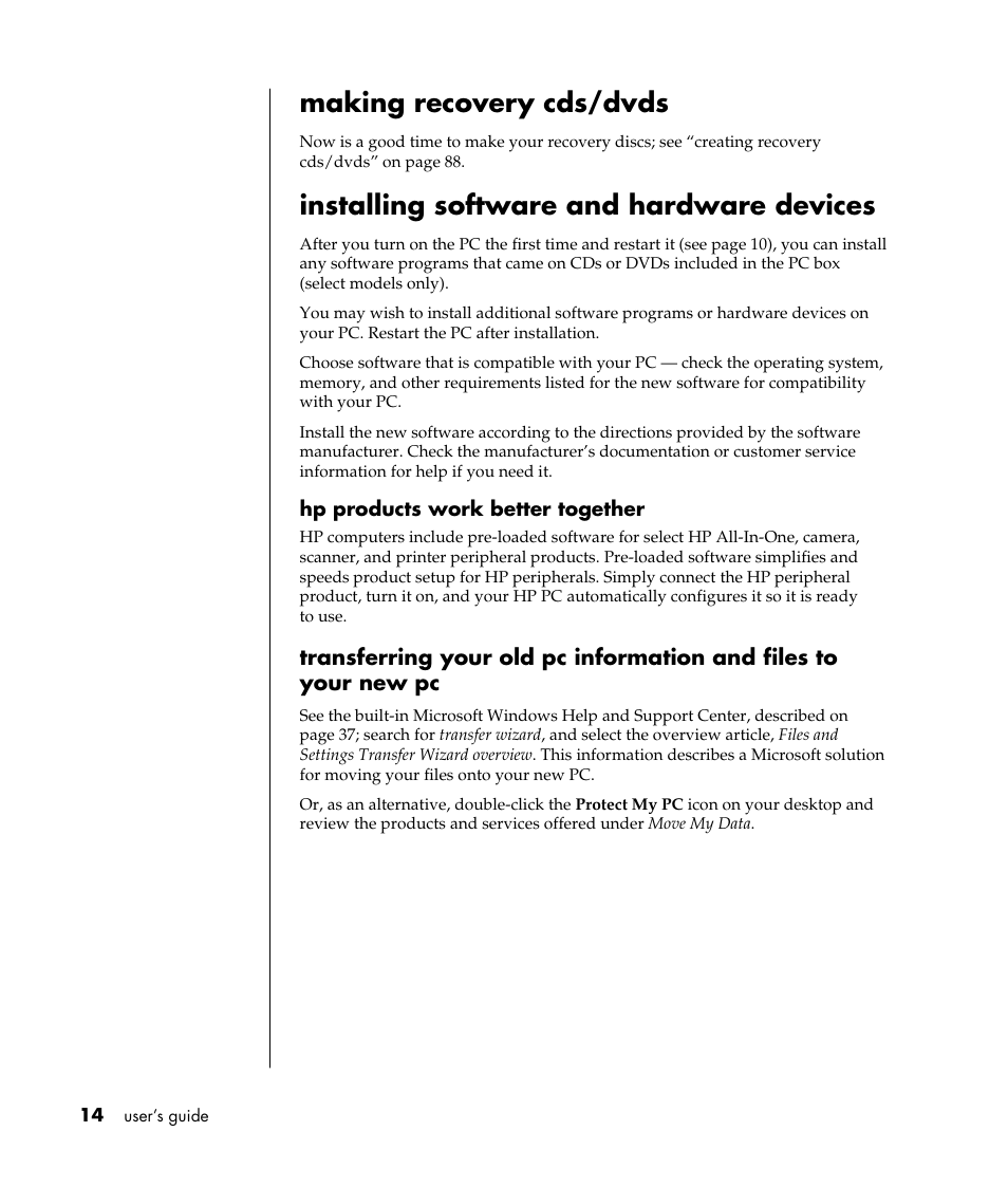 Making recovery cds/dvds, Installing software and hardware devices | HP Pavilion a387x Desktop PC User Manual | Page 22 / 158