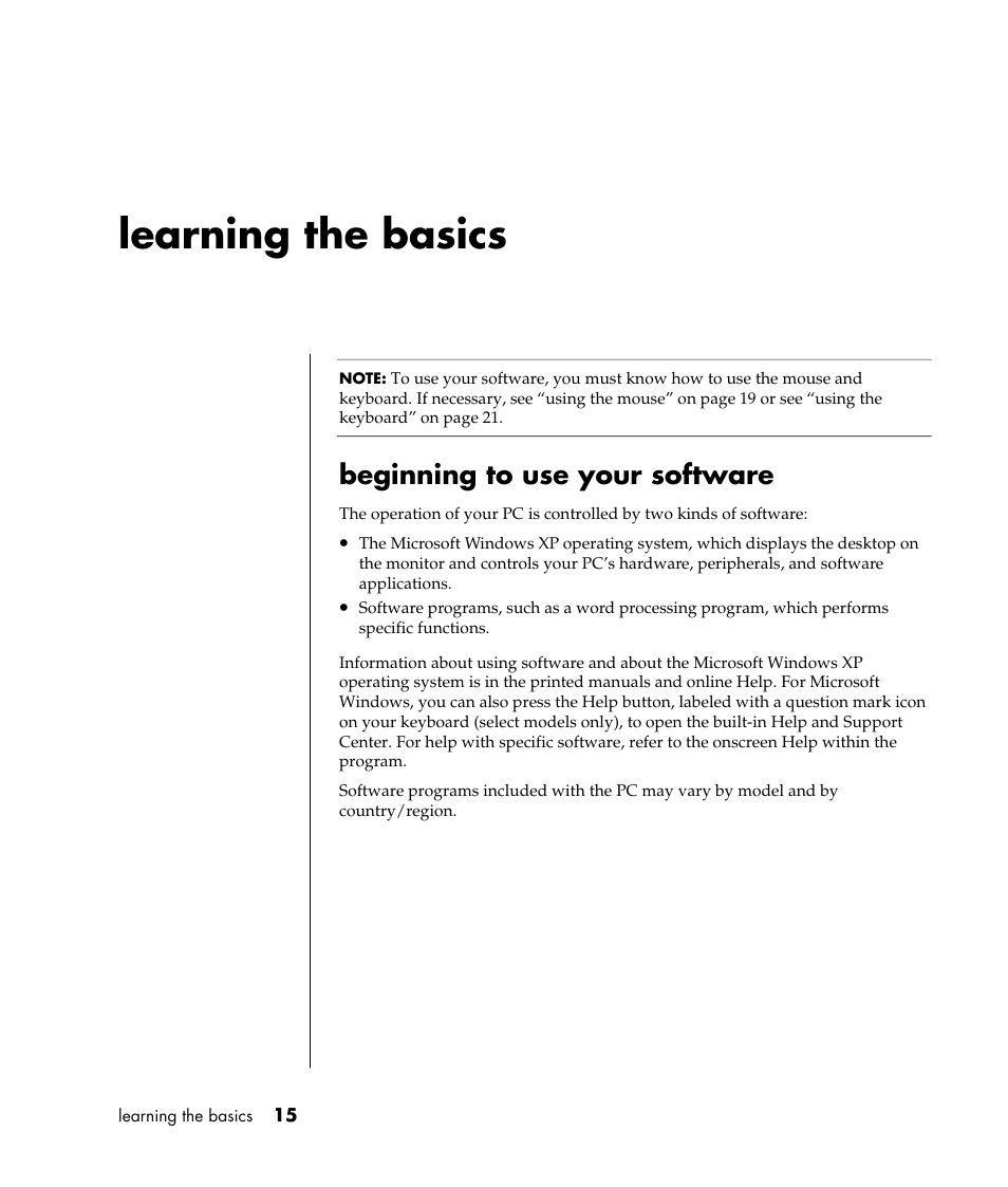 Learning the basics, Beginning to use your software | HP Pavilion a387x Desktop PC User Manual | Page 23 / 158