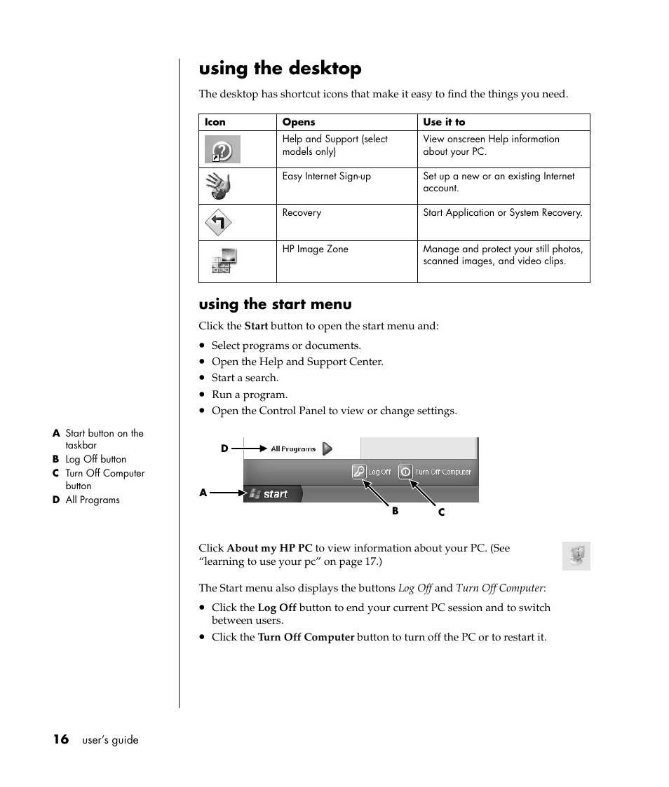 Using the desktop, Using the start menu | HP Pavilion a387x Desktop PC User Manual | Page 24 / 158