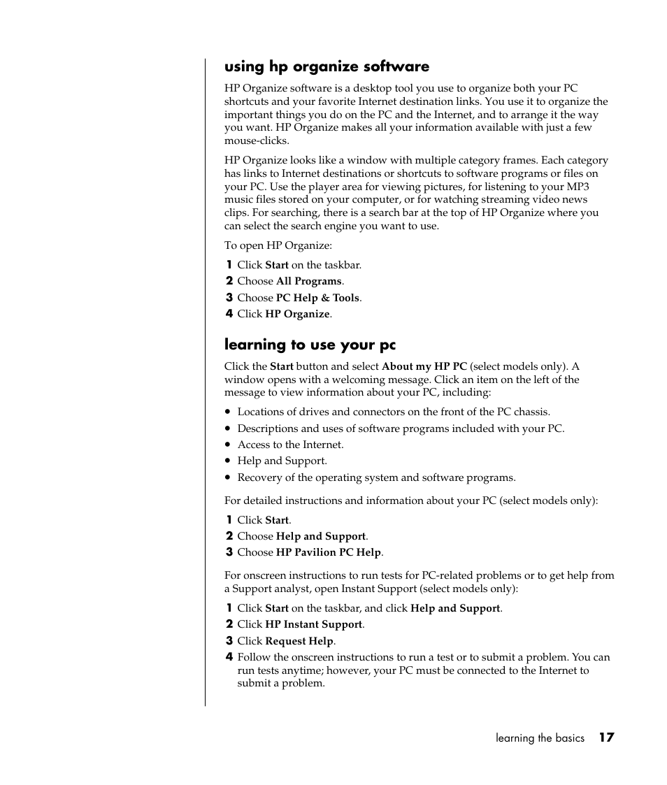 Using hp organize software, Learning to use your pc | HP Pavilion a387x Desktop PC User Manual | Page 25 / 158
