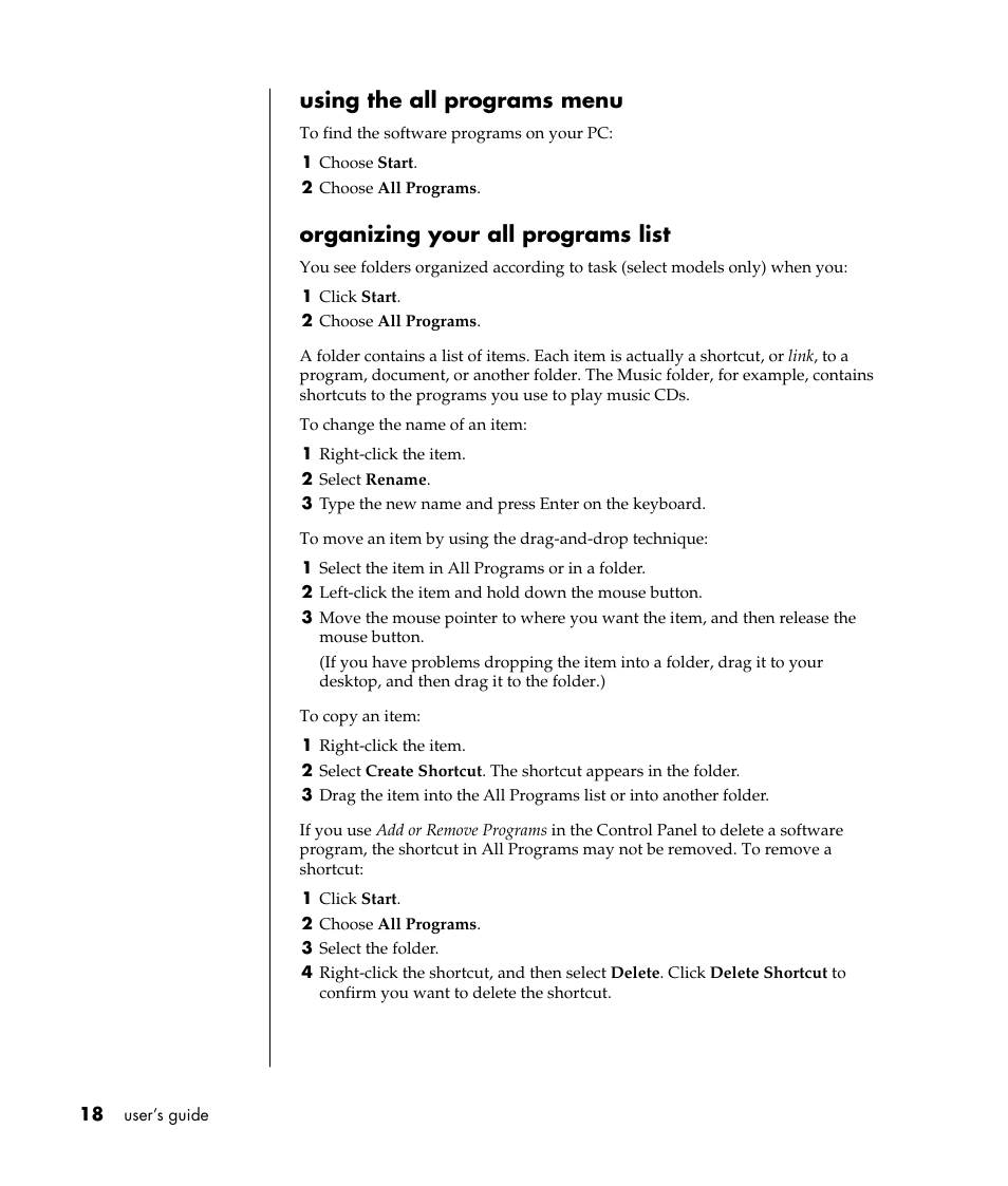 Using the all programs menu, Organizing your all programs list | HP Pavilion a387x Desktop PC User Manual | Page 26 / 158