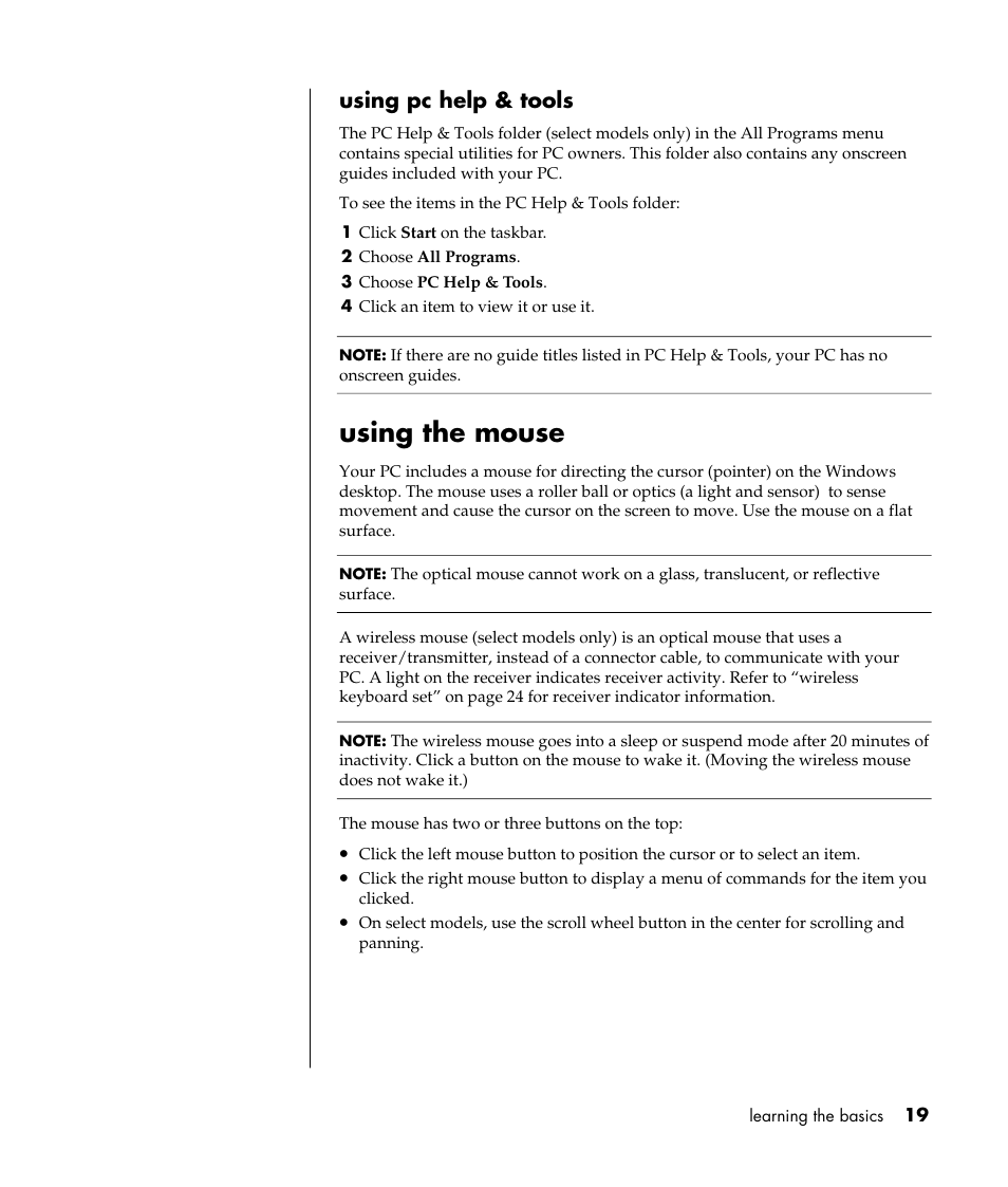 Using the mouse, Using pc help & tools | HP Pavilion a387x Desktop PC User Manual | Page 27 / 158