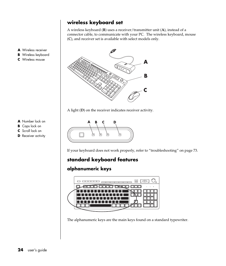 Ab c, Wireless keyboard set, Standard keyboard features | Alphanumeric keys | HP Pavilion a387x Desktop PC User Manual | Page 32 / 158