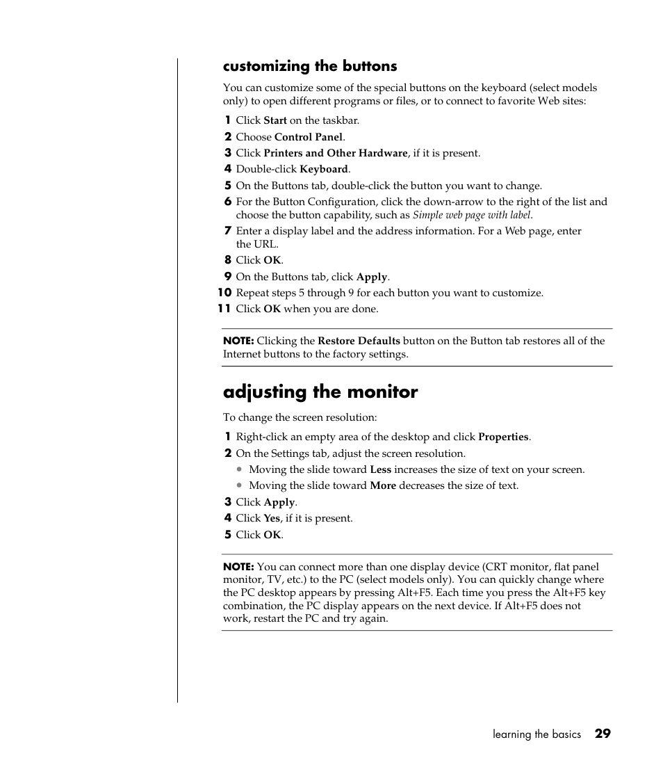 Adjusting the monitor, Customizing the buttons | HP Pavilion a387x Desktop PC User Manual | Page 37 / 158