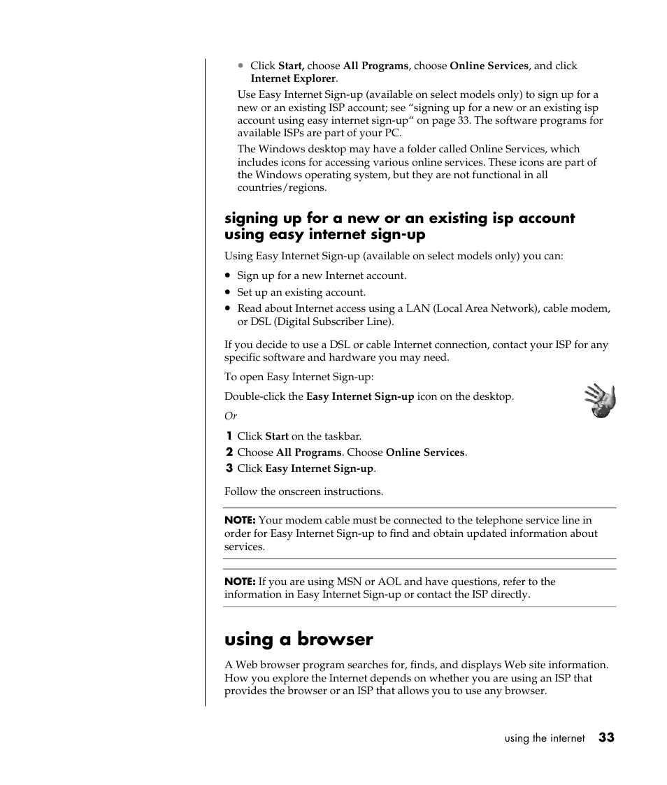 Using a browser | HP Pavilion a387x Desktop PC User Manual | Page 41 / 158