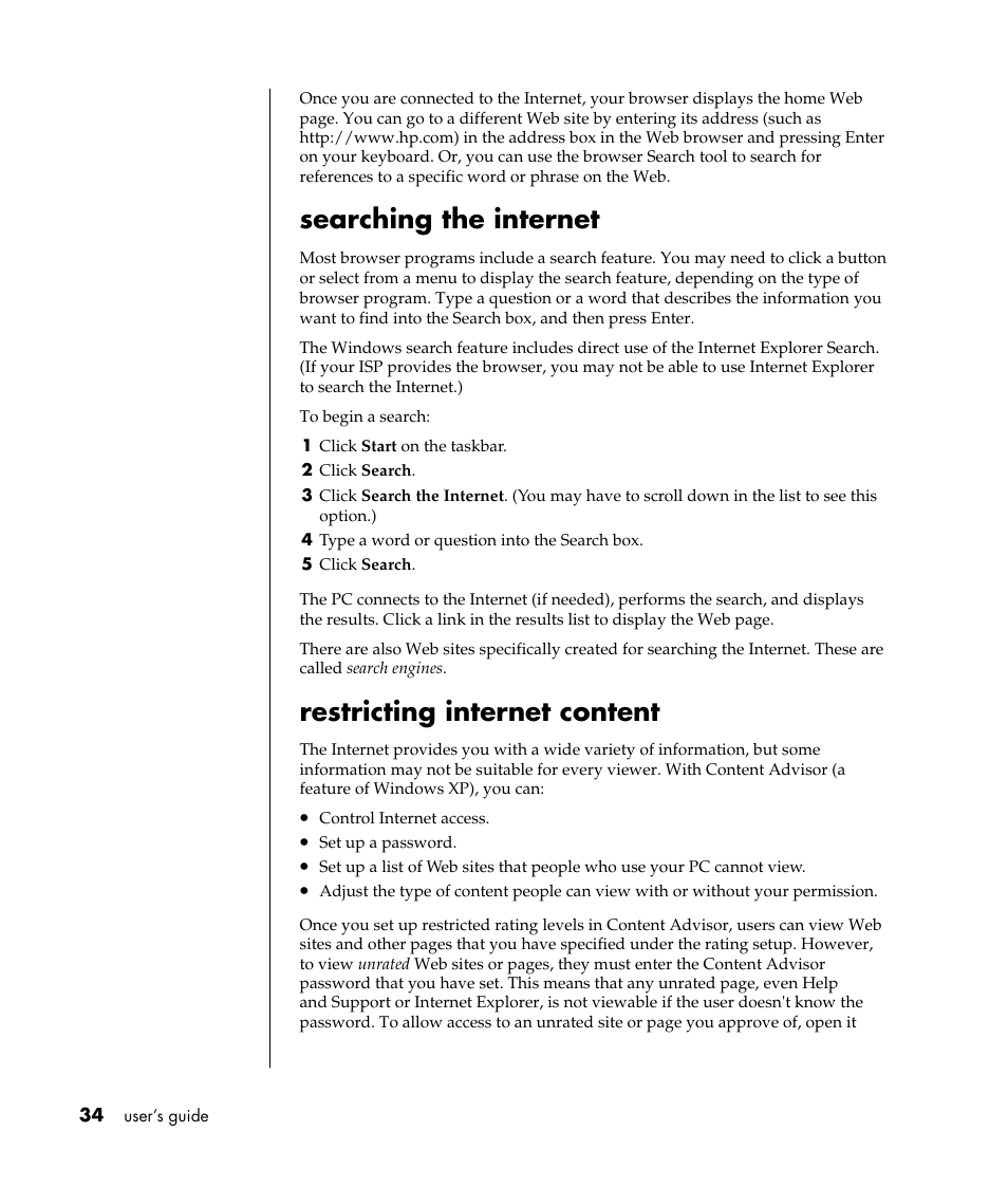 Searching the internet, Restricting internet content | HP Pavilion a387x Desktop PC User Manual | Page 42 / 158