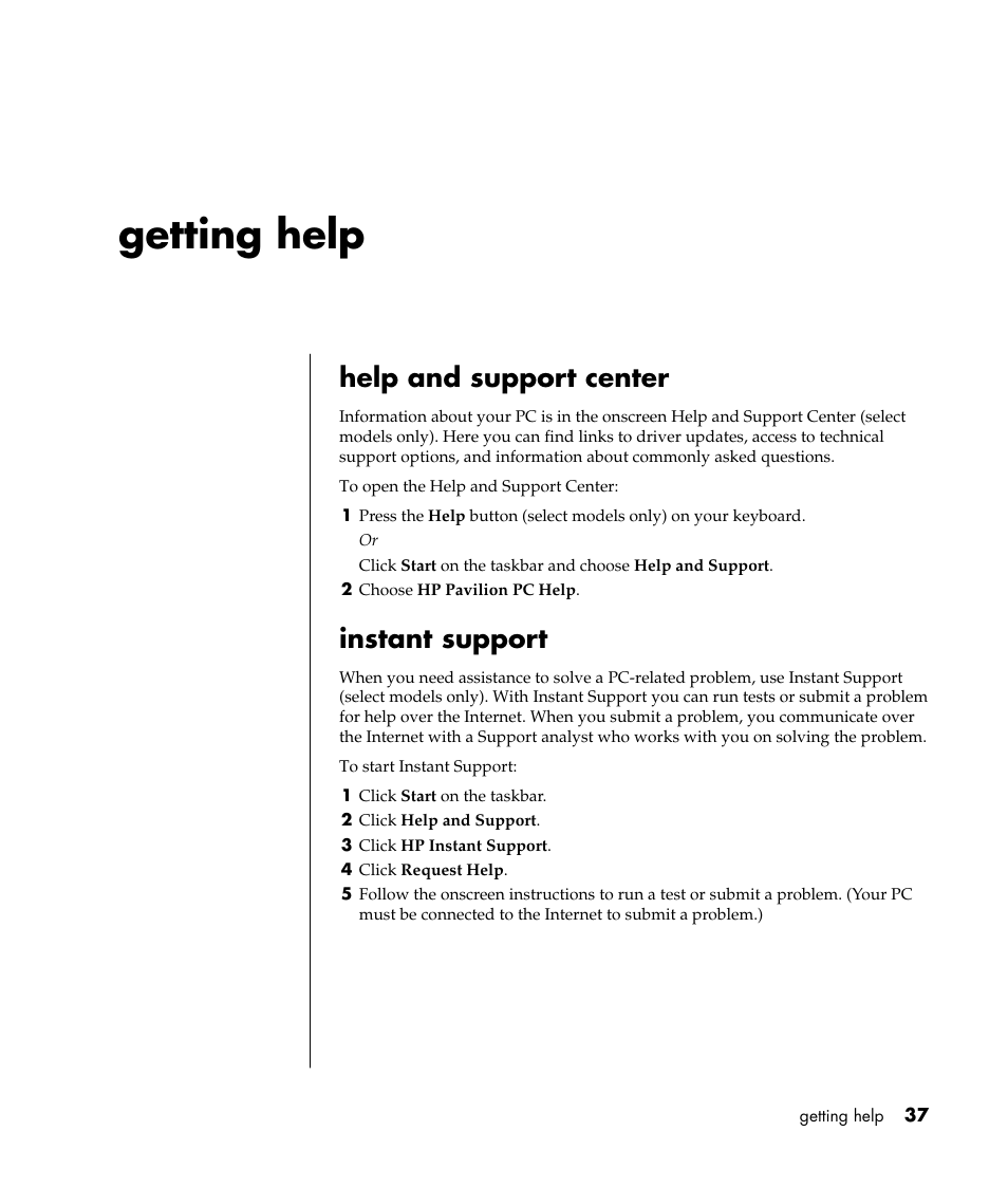 Getting help, Help and support center, Instant support | HP Pavilion a387x Desktop PC User Manual | Page 45 / 158