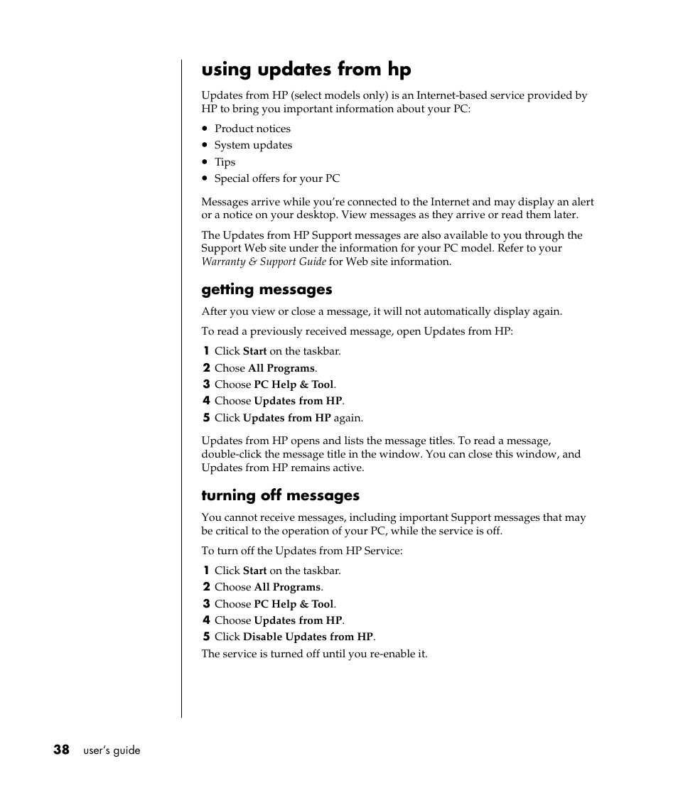 Using updates from hp, Getting messages, Turning off messages | HP Pavilion a387x Desktop PC User Manual | Page 46 / 158