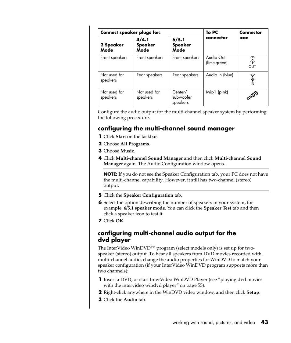 Configuring the multi-channel sound manager | HP Pavilion a387x Desktop PC User Manual | Page 51 / 158