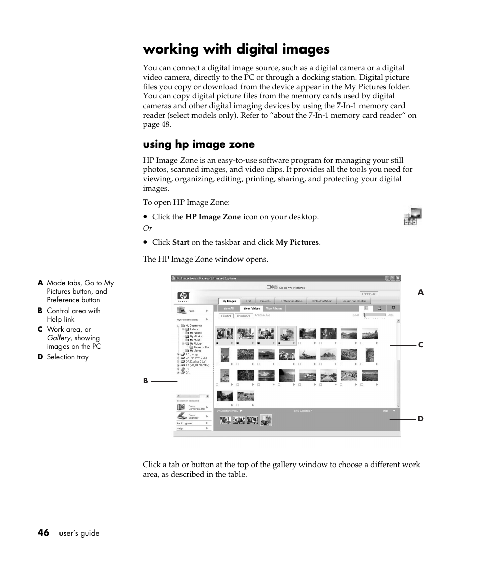 Working with digital images, Using hp image zone | HP Pavilion a387x Desktop PC User Manual | Page 54 / 158