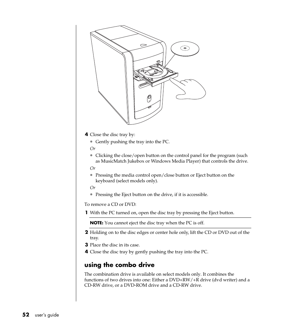 Using the combo drive | HP Pavilion a387x Desktop PC User Manual | Page 60 / 158