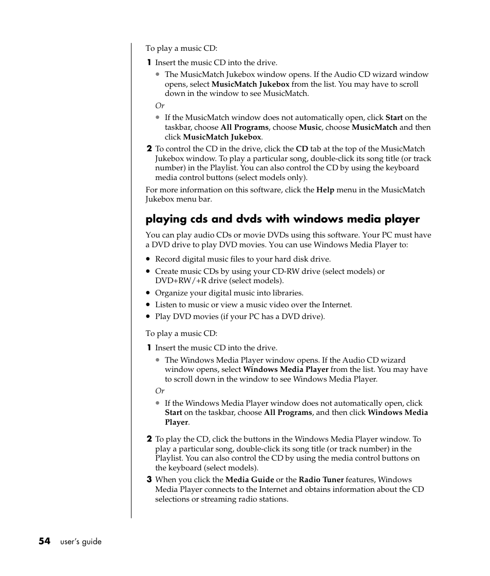 Playing cds and dvds with windows media player | HP Pavilion a387x Desktop PC User Manual | Page 62 / 158