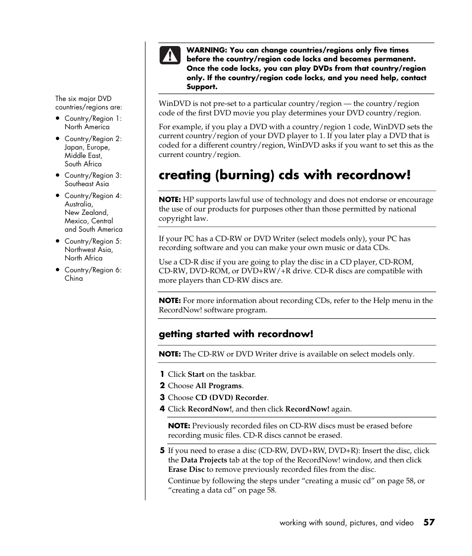 Creating (burning) cds with recordnow | HP Pavilion a387x Desktop PC User Manual | Page 65 / 158