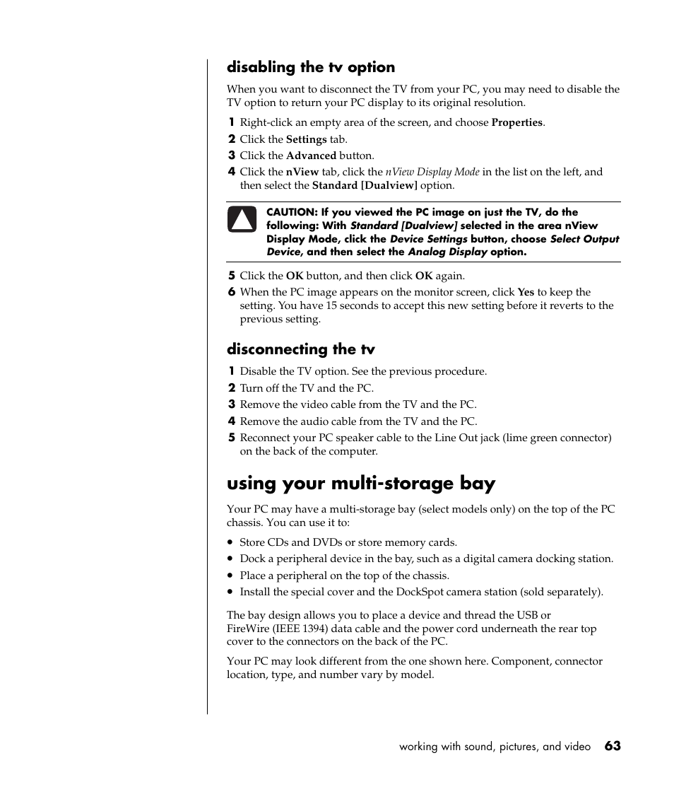 Using your multi-storage bay, Disabling the tv option, Disconnecting the tv | HP Pavilion a387x Desktop PC User Manual | Page 71 / 158