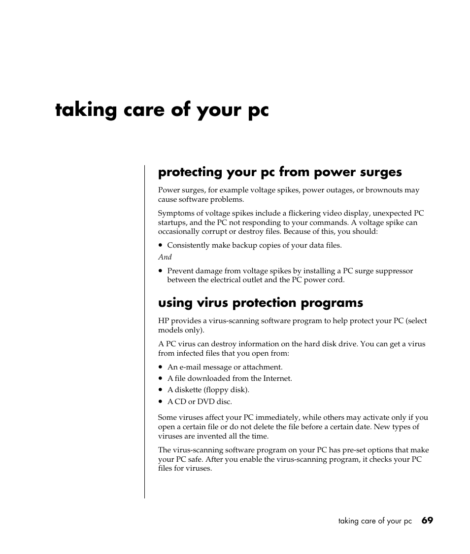 Taking care of your pc, Protecting your pc from power surges, Using virus protection programs | HP Pavilion a387x Desktop PC User Manual | Page 77 / 158