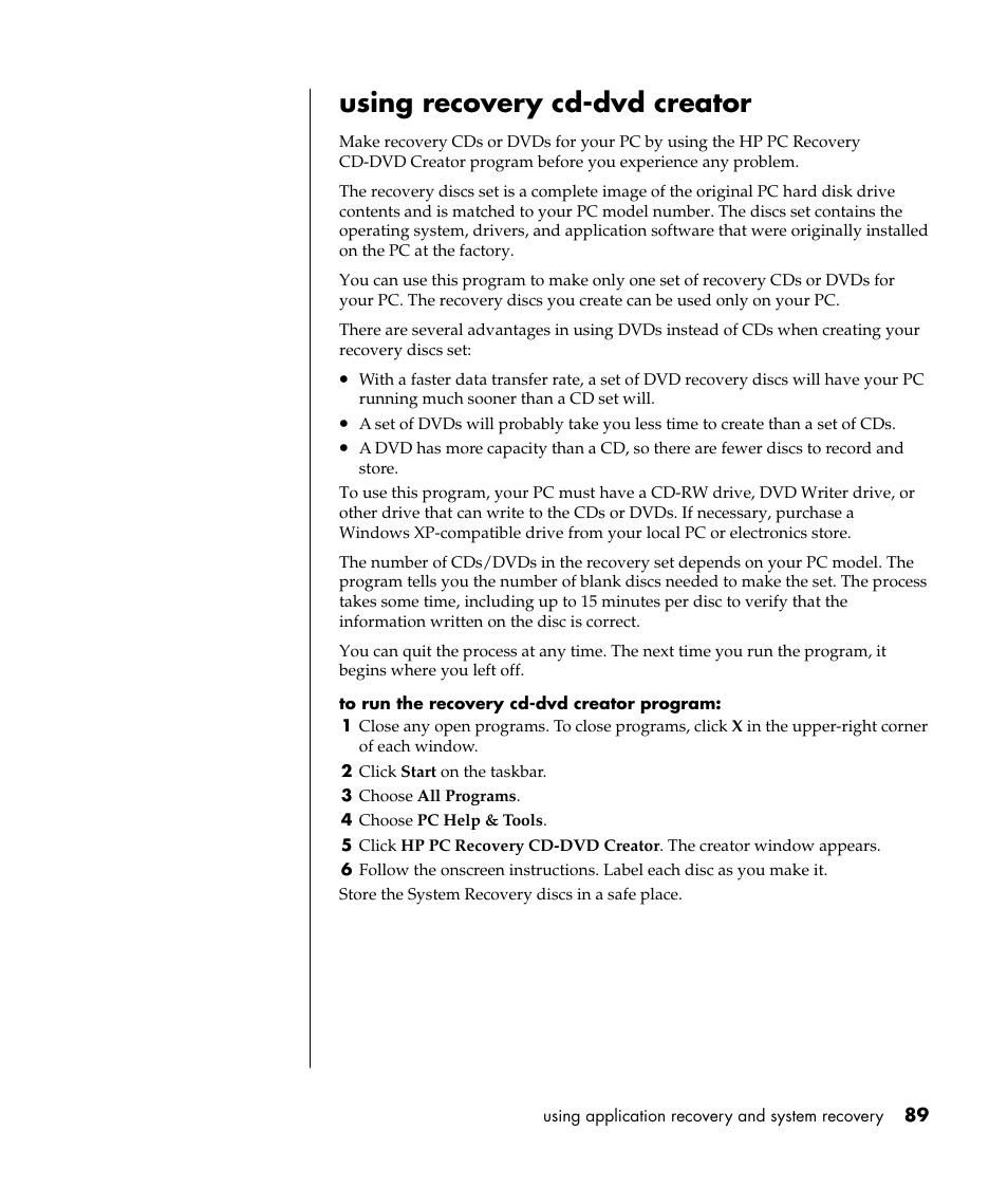 Using recovery cd-dvd creator | HP Pavilion a387x Desktop PC User Manual | Page 97 / 158