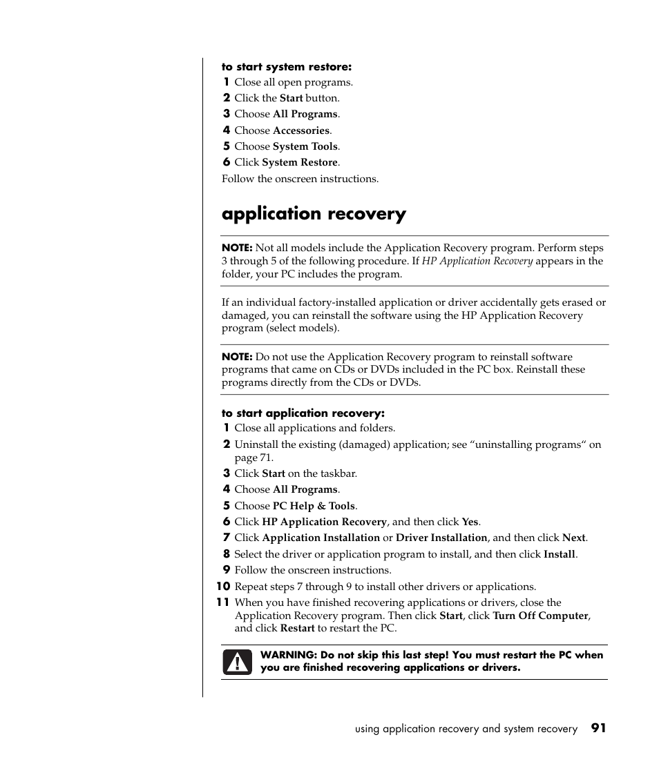 Application recovery | HP Pavilion a387x Desktop PC User Manual | Page 99 / 158