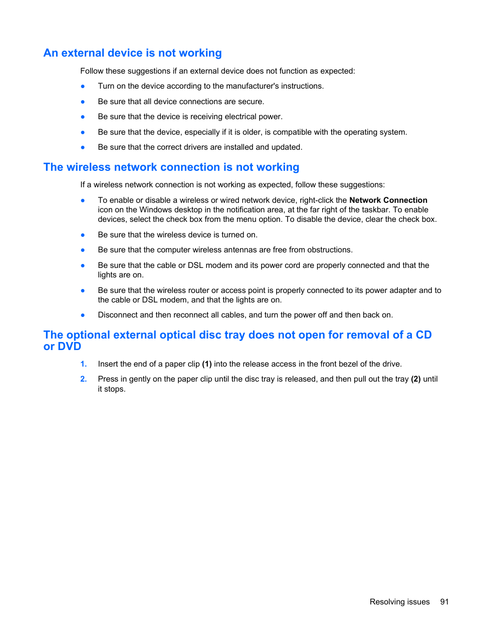 An external device is not working, The wireless network connection is not working | HP ProBook 430 G1 Notebook PC User Manual | Page 101 / 107