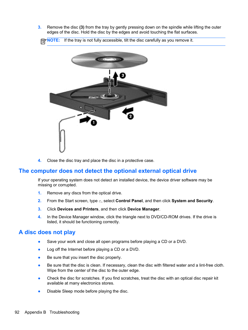 A disc does not play | HP ProBook 430 G1 Notebook PC User Manual | Page 102 / 107