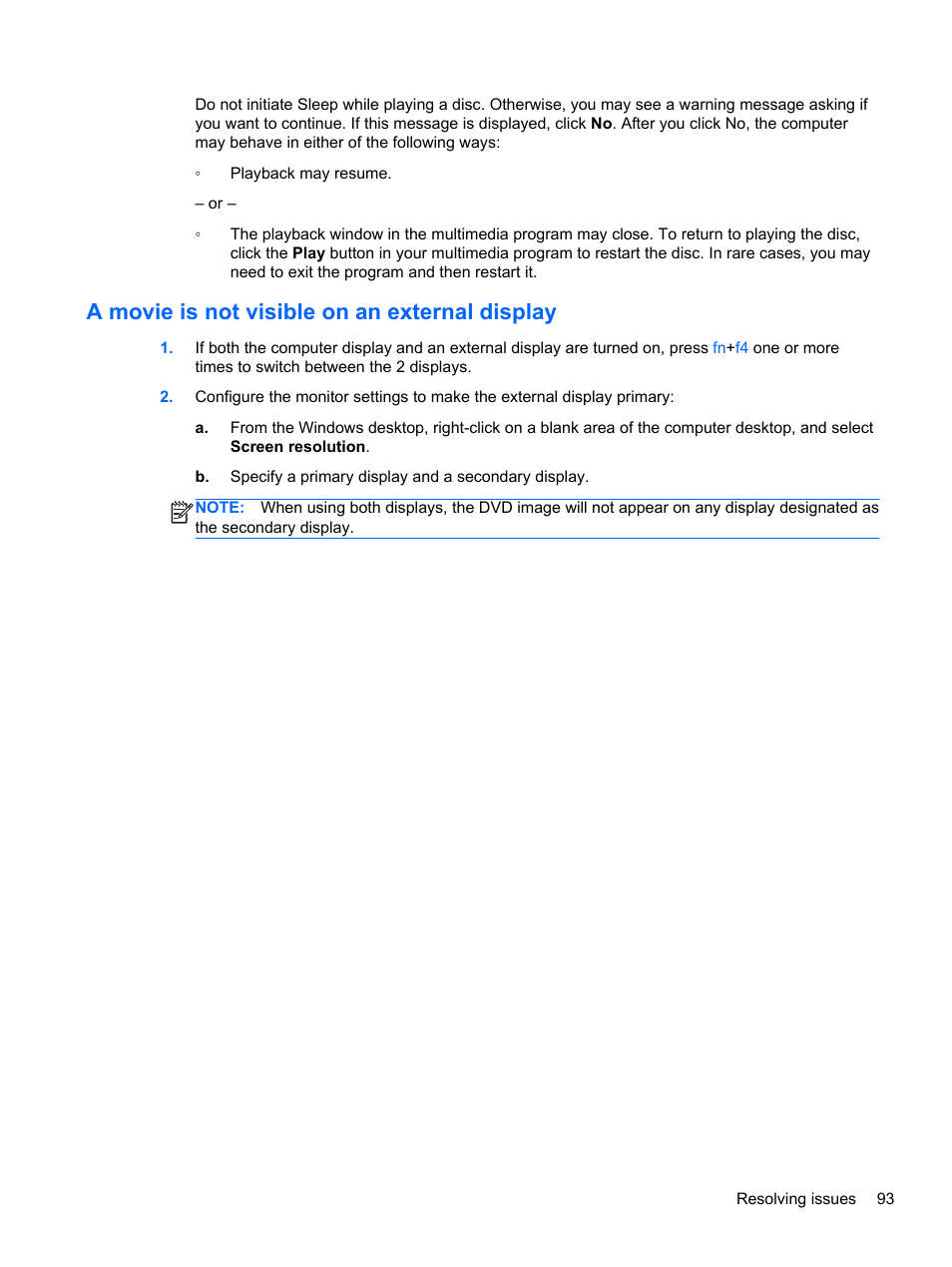 A movie is not visible on an external display | HP ProBook 430 G1 Notebook PC User Manual | Page 103 / 107