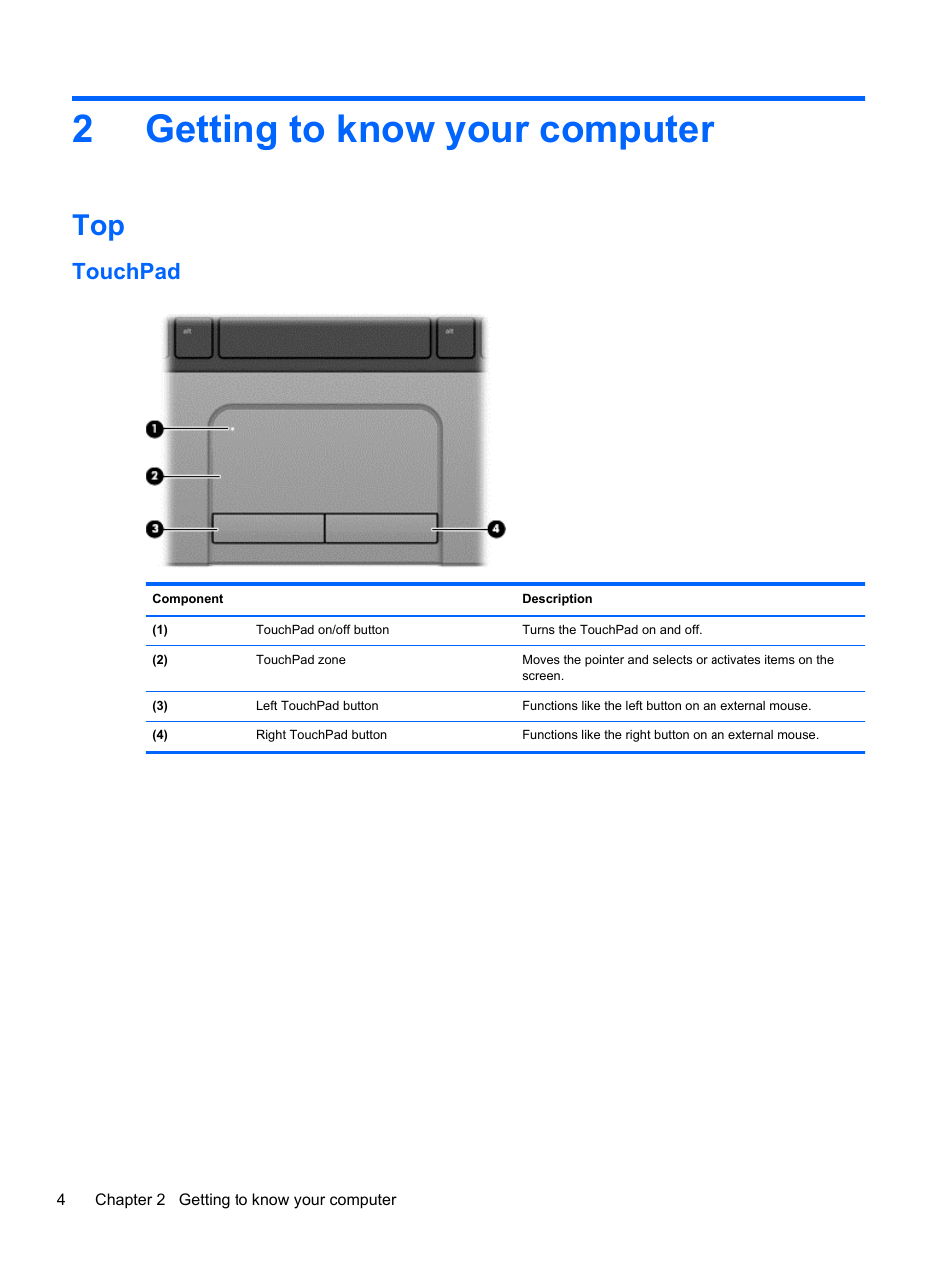 Getting to know your computer, Touchpad, 2 getting to know your computer | Getting to know, 2getting to know your computer | HP ProBook 430 G1 Notebook PC User Manual | Page 14 / 107