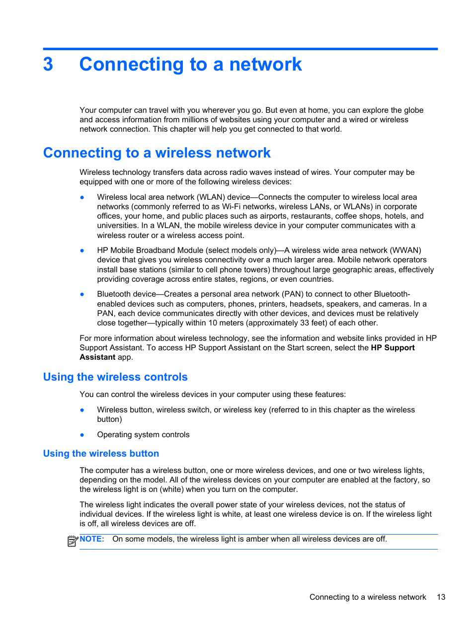 Connecting to a network, Connecting to a wireless network, Using the wireless controls | Using the wireless button, 3 connecting to a network, 3connecting to a network | HP ProBook 430 G1 Notebook PC User Manual | Page 23 / 107