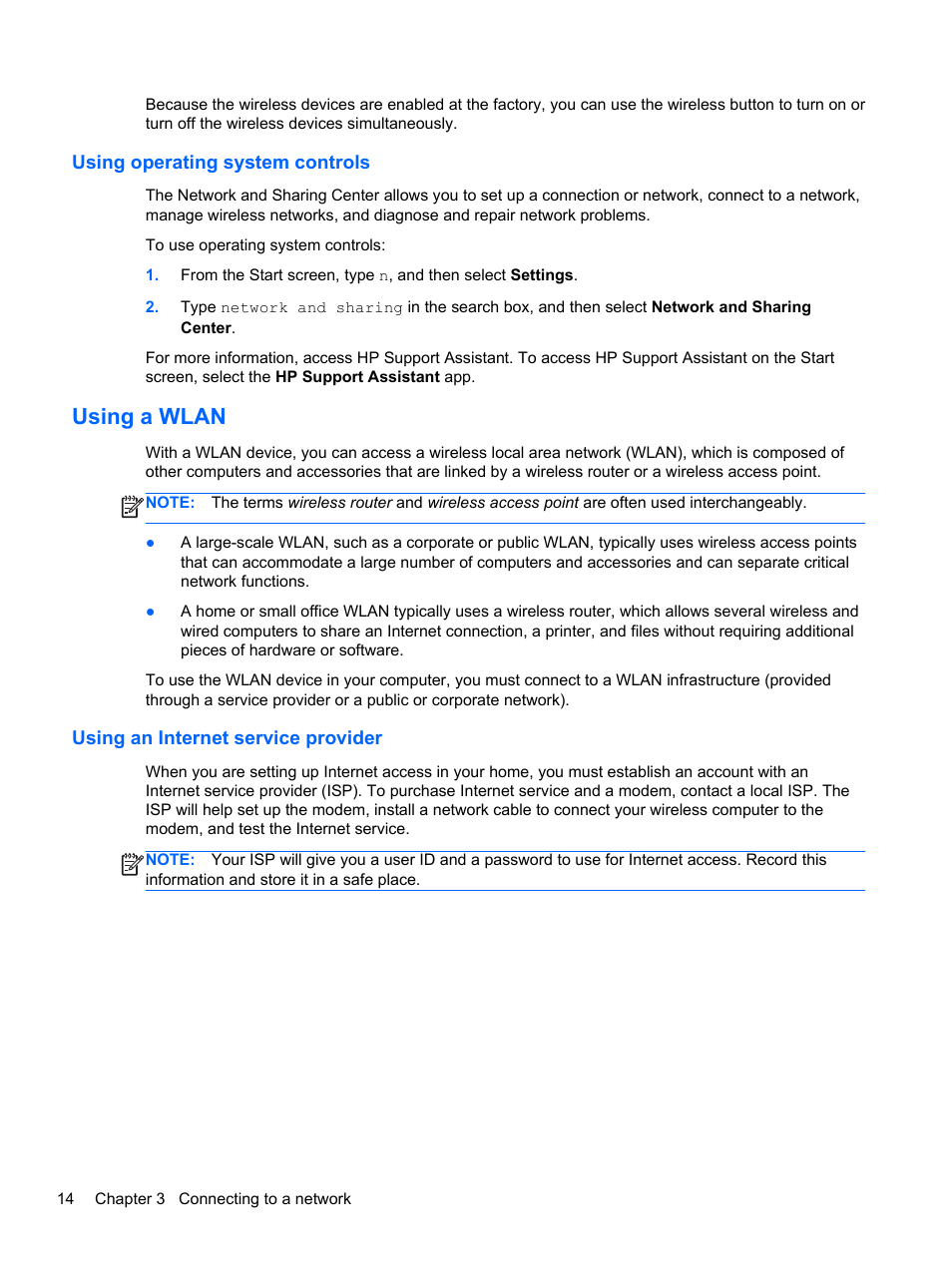 Using operating system controls, Using a wlan, Using an internet service provider | HP ProBook 430 G1 Notebook PC User Manual | Page 24 / 107