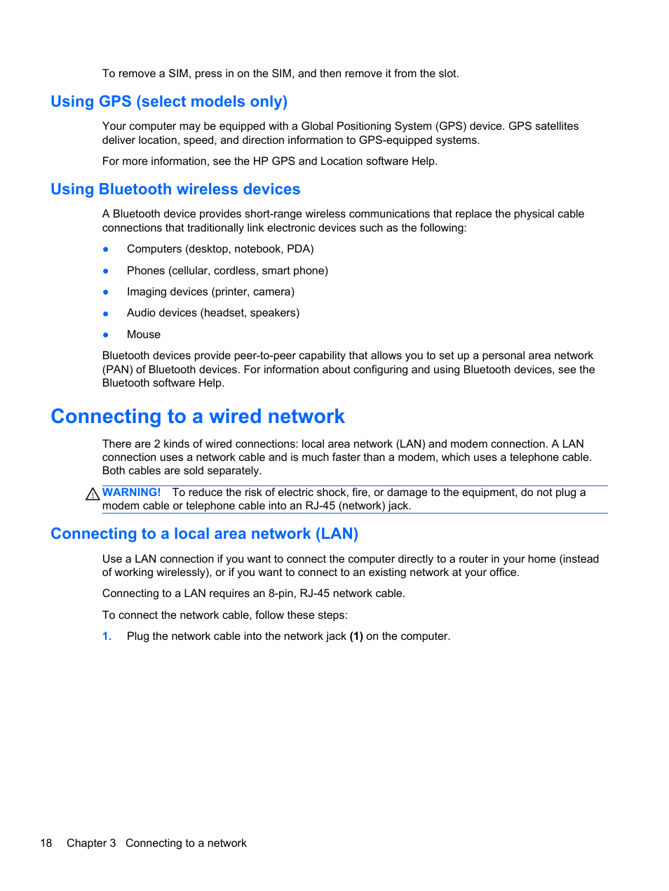 Using gps (select models only), Using bluetooth wireless devices, Connecting to a wired network | Connecting to a local area network (lan) | HP ProBook 430 G1 Notebook PC User Manual | Page 28 / 107