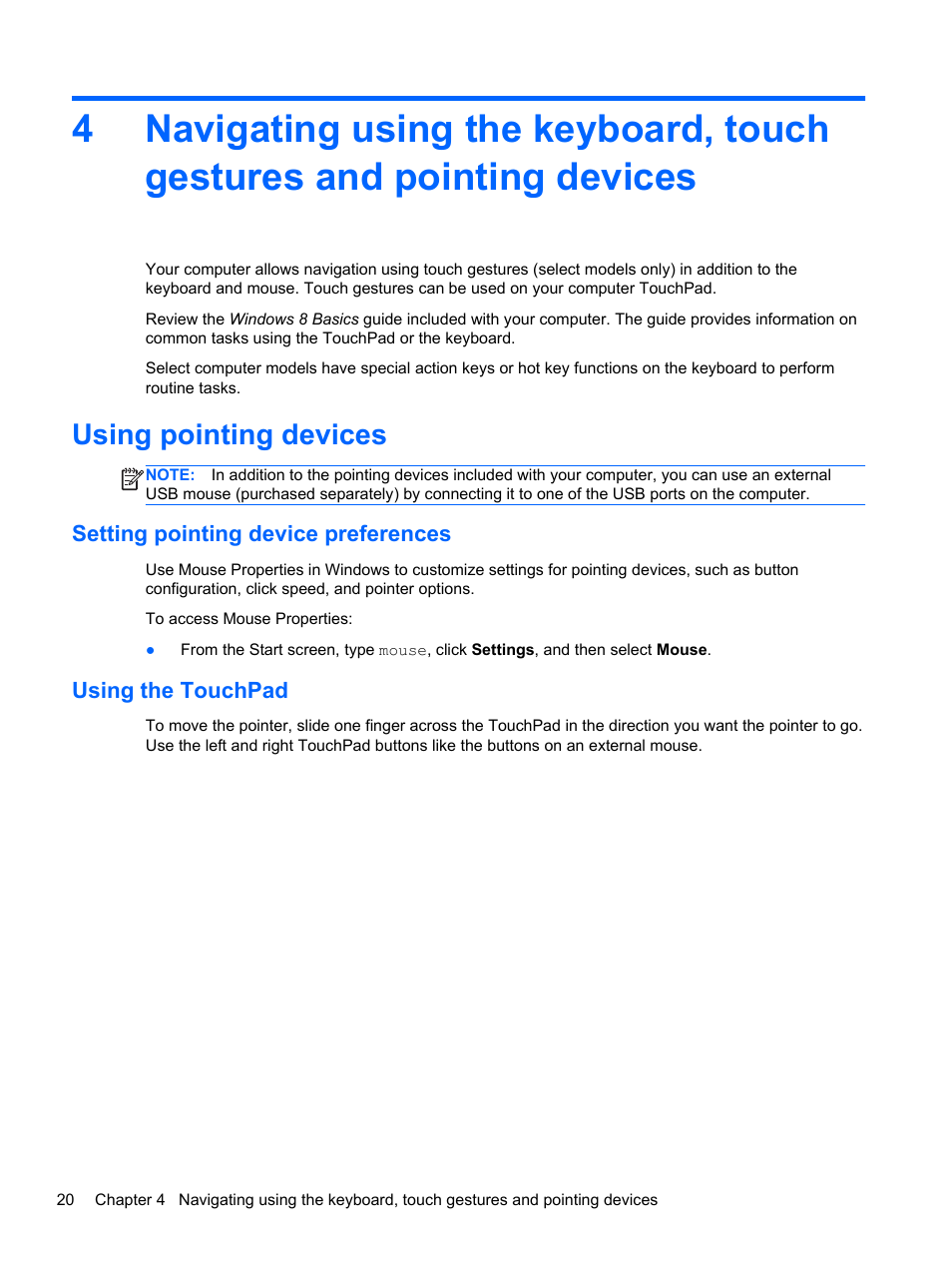 Using pointing devices, Setting pointing device preferences, Using the touchpad | HP ProBook 430 G1 Notebook PC User Manual | Page 30 / 107