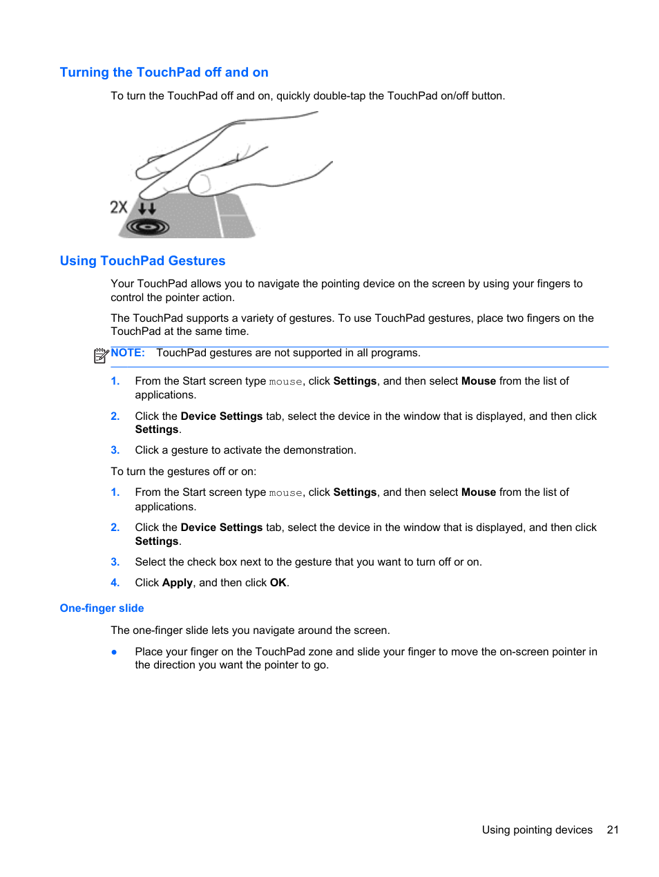 Turning the touchpad off and on, Using touchpad gestures, One-finger slide | HP ProBook 430 G1 Notebook PC User Manual | Page 31 / 107