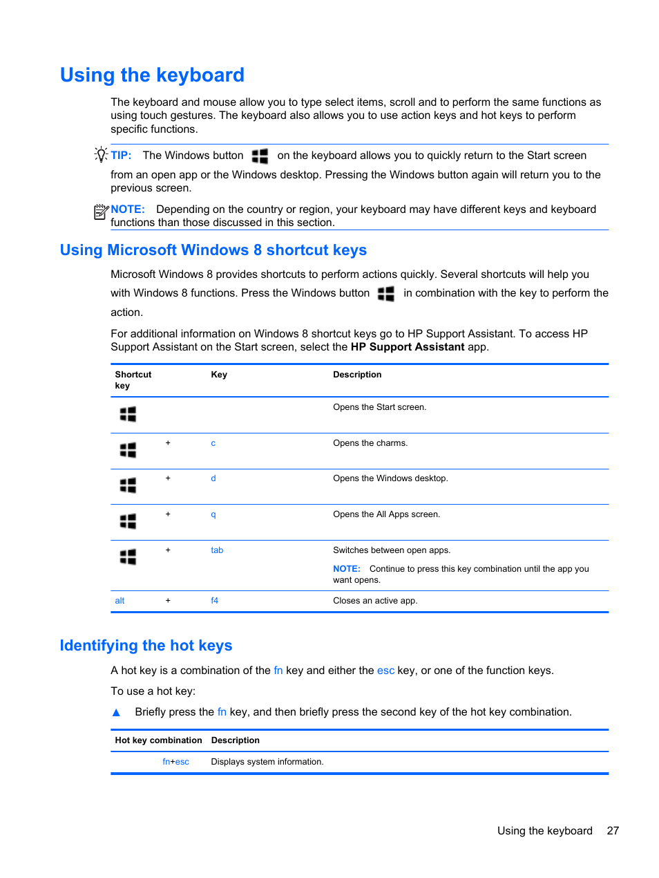 Using the keyboard, Using microsoft windows 8 shortcut keys, Identifying the hot keys | HP ProBook 430 G1 Notebook PC User Manual | Page 37 / 107