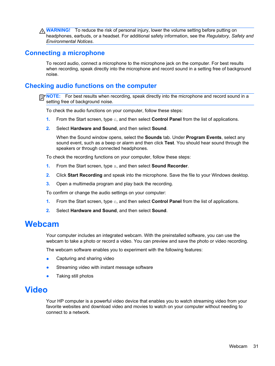Connecting a microphone, Checking audio functions on the computer, Webcam | Video, Webcam video | HP ProBook 430 G1 Notebook PC User Manual | Page 41 / 107