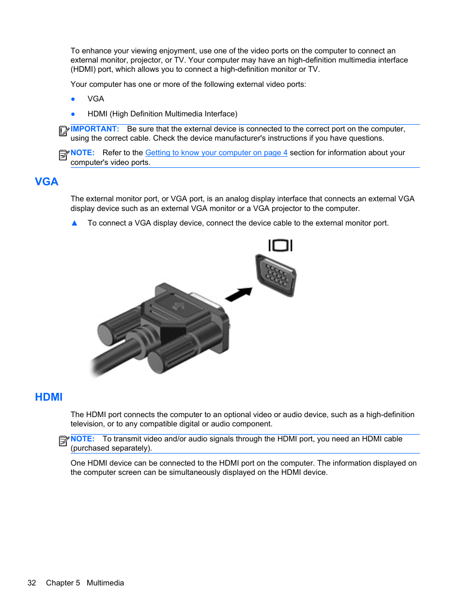 Hdmi, Vga hdmi | HP ProBook 430 G1 Notebook PC User Manual | Page 42 / 107