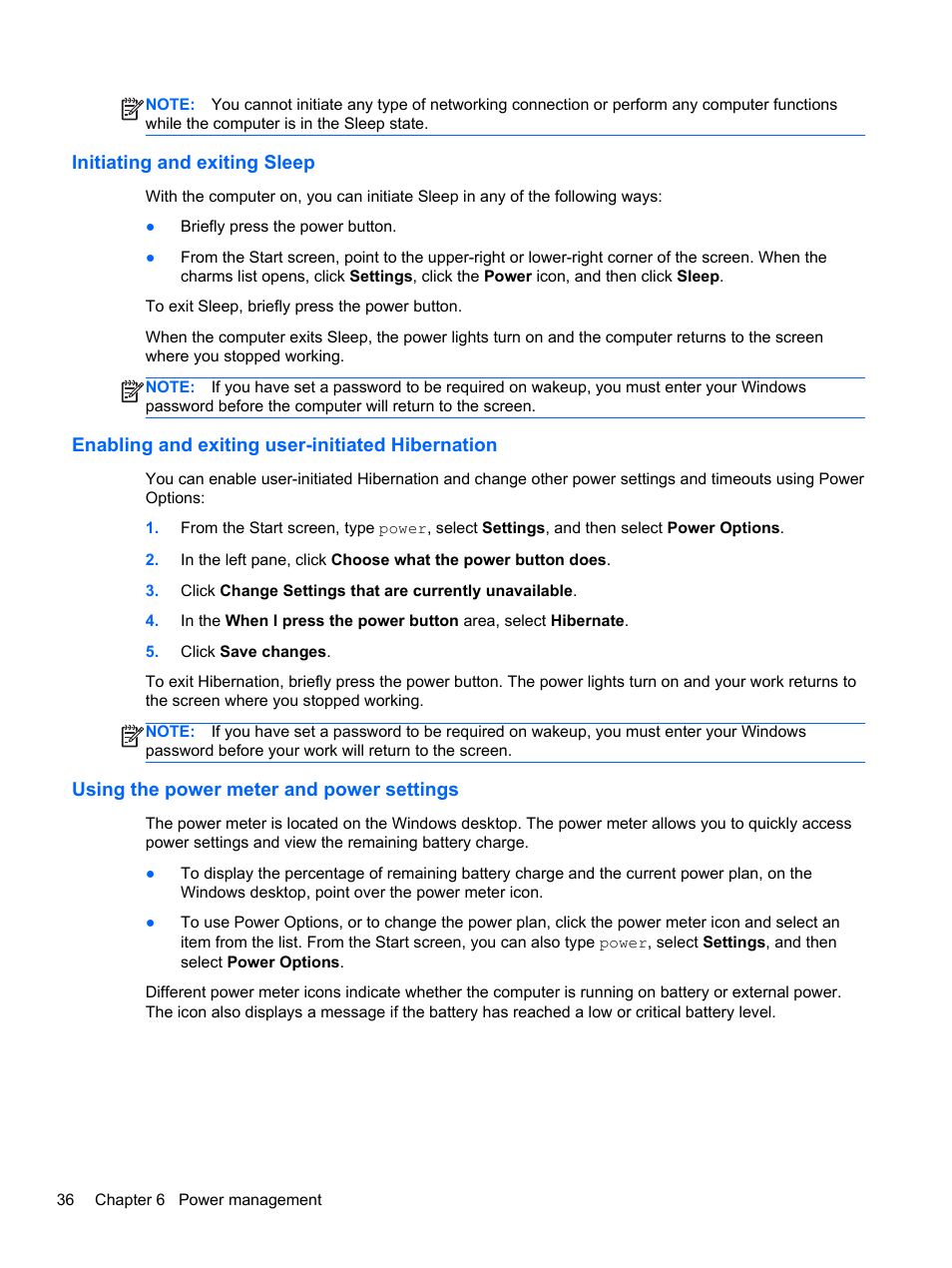 Initiating and exiting sleep, Enabling and exiting user-initiated hibernation, Using the power meter and power settings | HP ProBook 430 G1 Notebook PC User Manual | Page 46 / 107