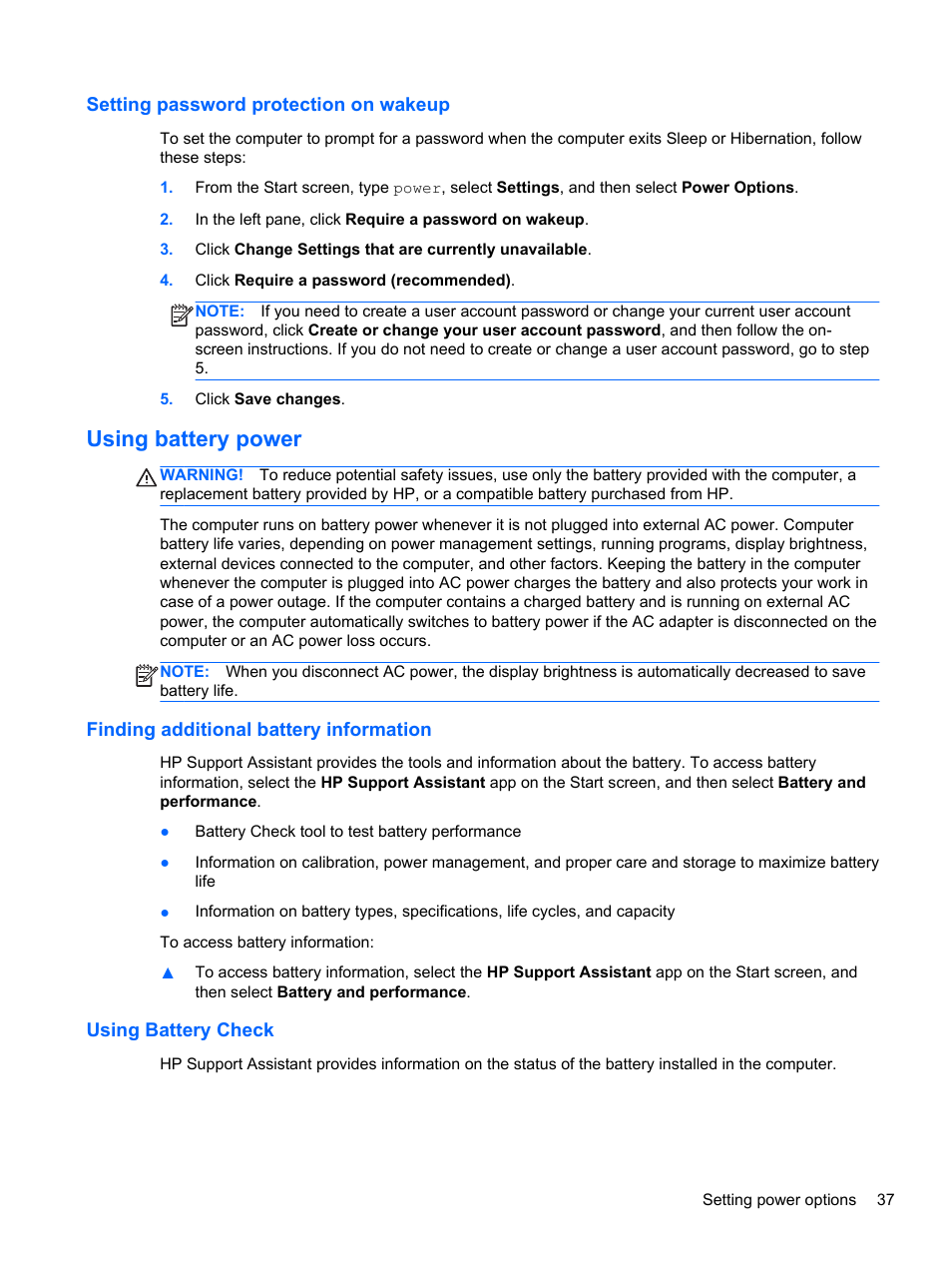 Setting password protection on wakeup, Using battery power, Finding additional battery information | Using battery check | HP ProBook 430 G1 Notebook PC User Manual | Page 47 / 107