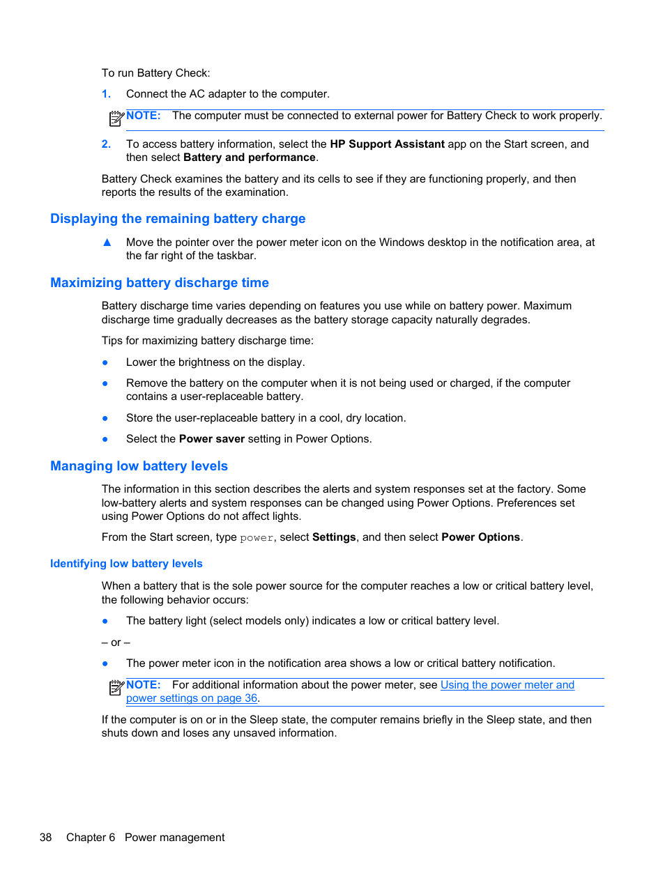 Displaying the remaining battery charge, Maximizing battery discharge time, Managing low battery levels | Identifying low battery levels | HP ProBook 430 G1 Notebook PC User Manual | Page 48 / 107