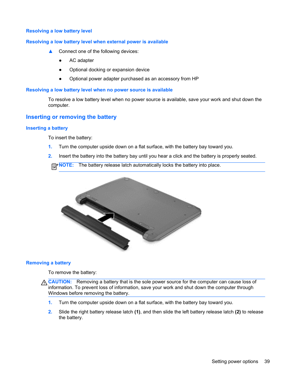 Resolving a low battery level, Inserting or removing the battery, Inserting a battery | Removing a battery, Inserting a battery removing a battery | HP ProBook 430 G1 Notebook PC User Manual | Page 49 / 107