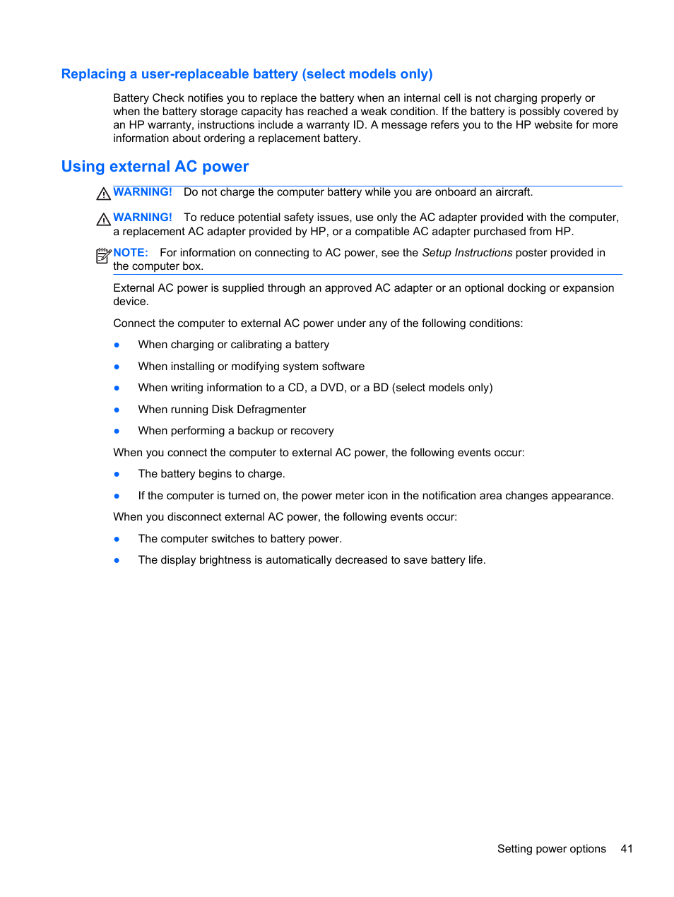 Using external ac power | HP ProBook 430 G1 Notebook PC User Manual | Page 51 / 107